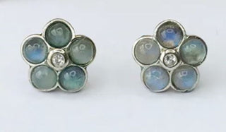 Solid Labradorite Stud Daisy Earrings Australian Genuine Gems Silver + CZ