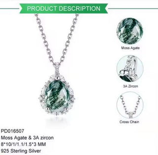 Moss Agate Cubic Zirconia Sterling Silver Pendant Necklace Natural Gem Handmade