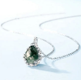 Moss Agate Cubic Zirconia Sterling Silver Pendant Necklace Natural Gem Handmade