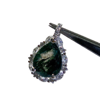 Moss Agate Cubic Zirconia Sterling Silver Pendant Necklace Natural Gem Handmade