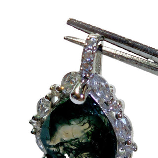 Moss Agate Cubic Zirconia Sterling Silver Pendant Necklace Natural Gem Handmade