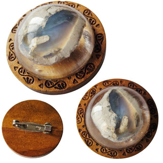 Opal & Resin Wooden Engraved Brooch Australian Genuine Natural Jewellery