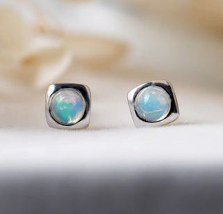 Solid Opal Stud Square Earrings Bevelled Australian Genuine Gems Silver RRP$160