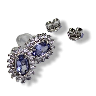 Solid Tanzanite Stud Oval + CZ Earrings Australian Genuine Gems Silver RRP$90