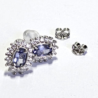 Solid Tanzanite Stud Oval + CZ Earrings Australian Genuine Gems Silver RRP$90