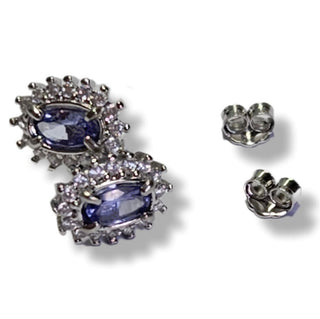 Solid Tanzanite Stud Oval + CZ Earrings Australian Genuine Gems Silver RRP$90