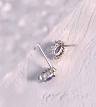 Solid Tanzanite Stud Oval + CZ Earrings Australian Genuine Gems Silver RRP$90