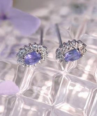 Solid Tanzanite Stud Oval + CZ Earrings Australian Genuine Gems Silver RRP$90
