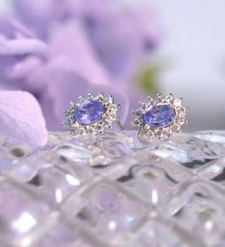 Solid Tanzanite Stud Oval + CZ Earrings Australian Genuine Gems Silver RRP$90