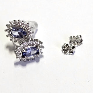 Solid Tanzanite Stud Oval + CZ Earrings Australian Genuine Gems Silver RRP$90