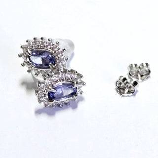 Solid Tanzanite Stud Oval + CZ Earrings Australian Genuine Gems Silver RRP$90