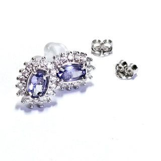 Solid Tanzanite Stud Oval + CZ Earrings Australian Genuine Gems Silver RRP$90