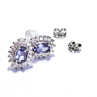Solid Tanzanite Stud Oval + CZ Earrings Australian Genuine Gems Silver RRP$90