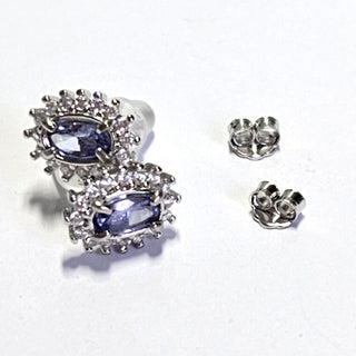 Solid Tanzanite Stud Oval + CZ Earrings Australian Genuine Gems Silver RRP$90