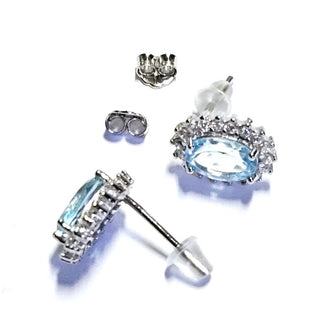 Solid Blue Topaz + CZ Stud Oval Earrings Australian Genuine Gems Silver RRP$90
