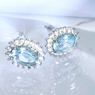 Solid Blue Topaz + CZ Stud Oval Earrings Australian Genuine Gems Silver RRP$90