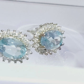 Solid Blue Topaz + CZ Stud Oval Earrings Australian Genuine Gems Silver RRP$90