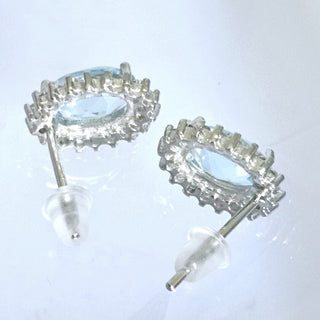 Solid Blue Topaz + CZ Stud Oval Earrings Australian Genuine Gems Silver RRP$90