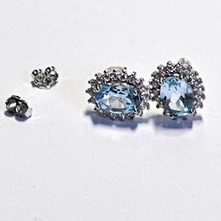 Solid Blue Topaz + CZ Stud Oval Earrings Australian Genuine Gems Silver RRP$90