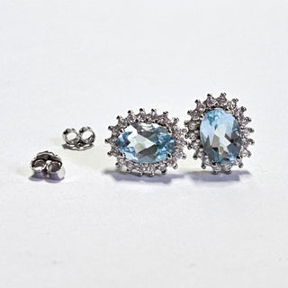 Solid Blue Topaz + CZ Stud Oval Earrings Australian Genuine Gems Silver RRP$90