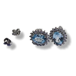 Solid Blue Topaz + CZ Stud Oval Earrings Australian Genuine Gems Silver RRP$90