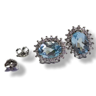 Solid Blue Topaz + CZ Stud Oval Earrings Australian Genuine Gems Silver RRP$90