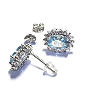 Solid Blue Topaz + CZ Stud Oval Earrings Australian Genuine Gems Silver RRP$90