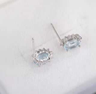 Solid Blue Topaz + CZ Stud Oval Earrings Australian Genuine Gems Silver RRP$90