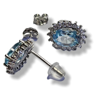 Solid Blue Topaz + CZ Stud Oval Earrings Australian Genuine Gems Silver RRP$90