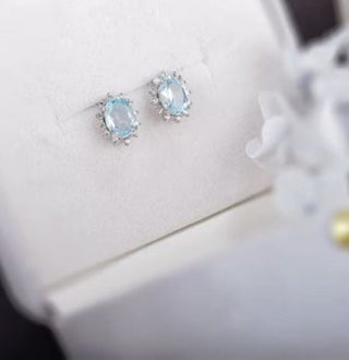 Solid Blue Topaz + CZ Stud Oval Earrings Australian Genuine Gems Silver RRP$90