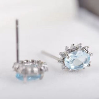 Solid Blue Topaz + CZ Stud Oval Earrings Australian Genuine Gems Silver RRP$90