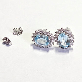 Solid Blue Topaz + CZ Stud Oval Earrings Australian Genuine Gems Silver RRP$90