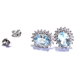Solid Blue Topaz + CZ Stud Oval Earrings Australian Genuine Gems Silver RRP$90