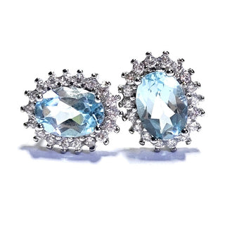 Solid Blue Topaz + CZ Stud Oval Earrings Australian Genuine Gems Silver RRP$90