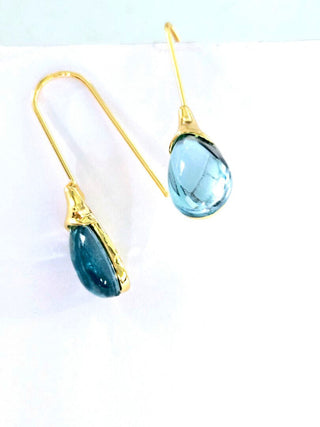 Solid Blue Glass Drop HandMade Earrings Australian Unique Gold Water