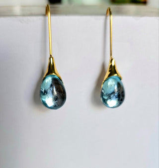 Solid Blue Glass Drop HandMade Earrings Australian Unique Gold Water
