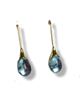 Solid Blue Glass Drop HandMade Earrings Australian Unique Gold Water
