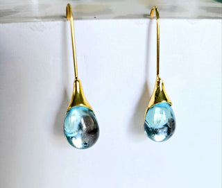 Solid Blue Glass Drop HandMade Earrings Australian Unique Gold Water