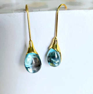 Solid Blue Glass Drop HandMade Earrings Australian Unique Gold Water