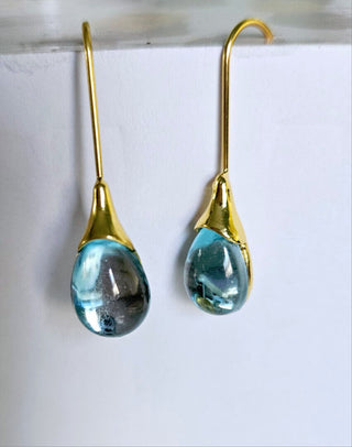 Solid Blue Glass Drop HandMade Earrings Australian Unique Gold Water