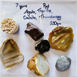 Gem Collectors Package: Agate Calcite Red Tiger Eye Thunderegg Calcite 530gms G3