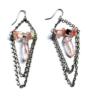 Pink Quartz Crystal Drop Earrings Shepherds Hook Hand Made Genuine Gems J1