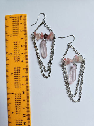 Pink Quartz Crystal Drop Earrings Shepherds Hook Hand Made Genuine Gems J1