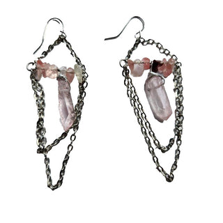Pink Quartz Crystal Drop Earrings Shepherds Hook Hand Made Genuine Gems J1