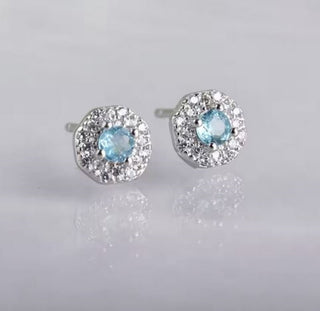 Solid Apatite Stud Octagon + CZ Earrings Australian Genuine Gems Silver RRP$149