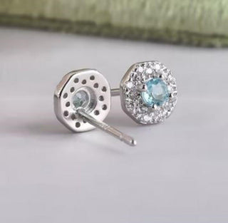 Solid Apatite Stud Octagon + CZ Earrings Australian Genuine Gems Silver RRP$149