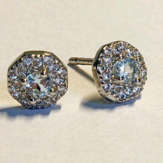 Solid Apatite Stud Octagon + CZ Earrings Australian Genuine Gems Silver RRP$149