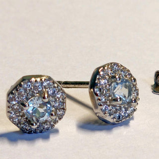 Solid Apatite Stud Octagon + CZ Earrings Australian Genuine Gems Silver RRP$149