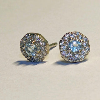 Solid Apatite Stud Octagon + CZ Earrings Australian Genuine Gems Silver RRP$149