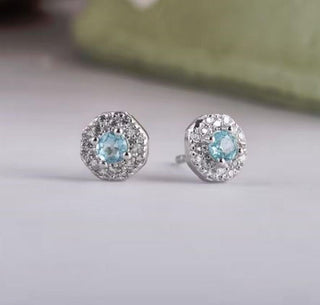 Solid Apatite Stud Octagon + CZ Earrings Australian Genuine Gems Silver RRP$149